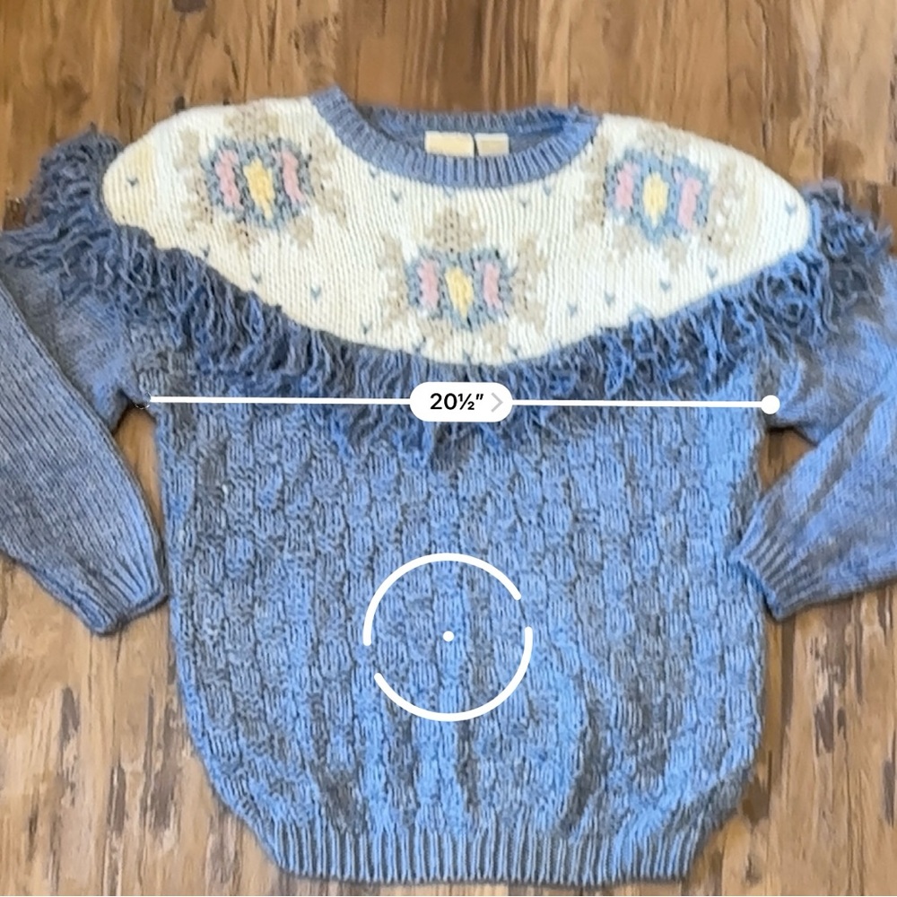 VTG 80s 90s Blue Floral Fringe Chunky Knit Sweater - Picture 6 of 8
